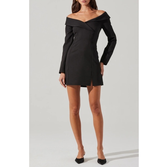 NEW ASTR Label BLACK Off The Shoulder TUXEDO COLLAR Long Sleeve COCKTAIL DRESS S - Picture 8 of 11